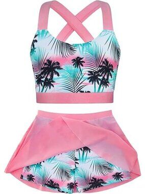 Cutemile Girls Size 12-13 Tankini Skort Set 2-Piece Tropical Pink Racerback Top